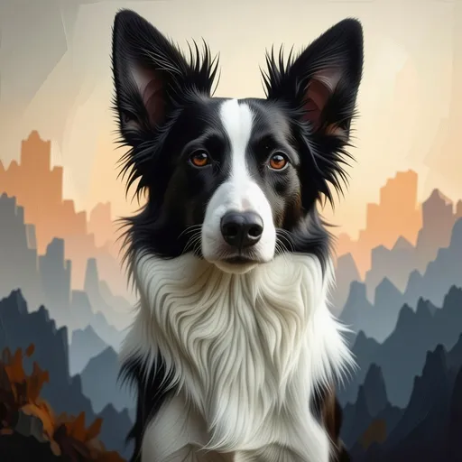 Prompt: Hauntingly beautiful portrait of a Pointy eared skinny border collie in the dreamlike style of rené Magritte 