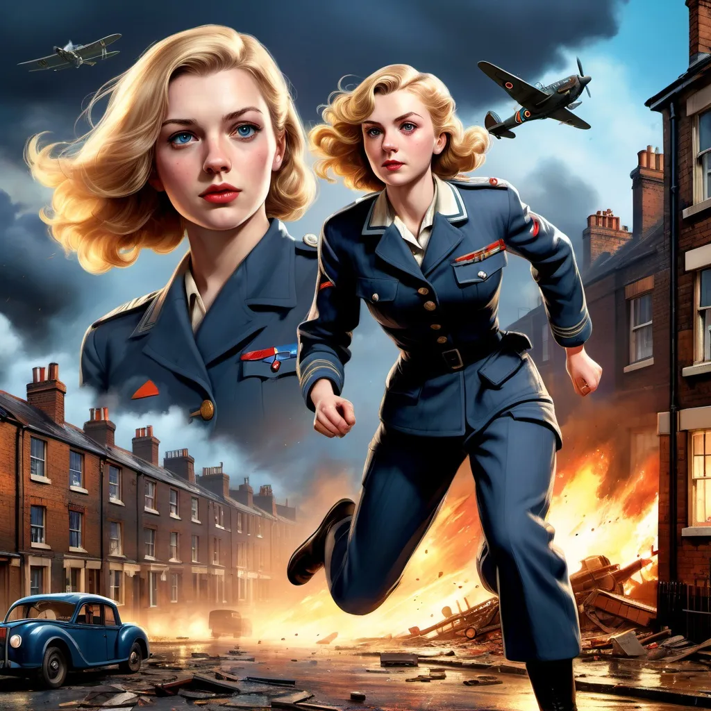 Prompt: third person gameplay, (British RAF female captain), blond hair, pale skin, hazel eyes, (running motion), bombed neighborhood buildings with brick rubble smashed windows, rainy streets of 1940s London at night, sky in distant background shows distant explosions, fighter planes, and fire (bright colors), (blue atmosphere), cartoony style, (vivid details), intricate painting, (dynamic action), dramatic lighting, ultra-detailed, engaging composition, emotionally evocative scene.