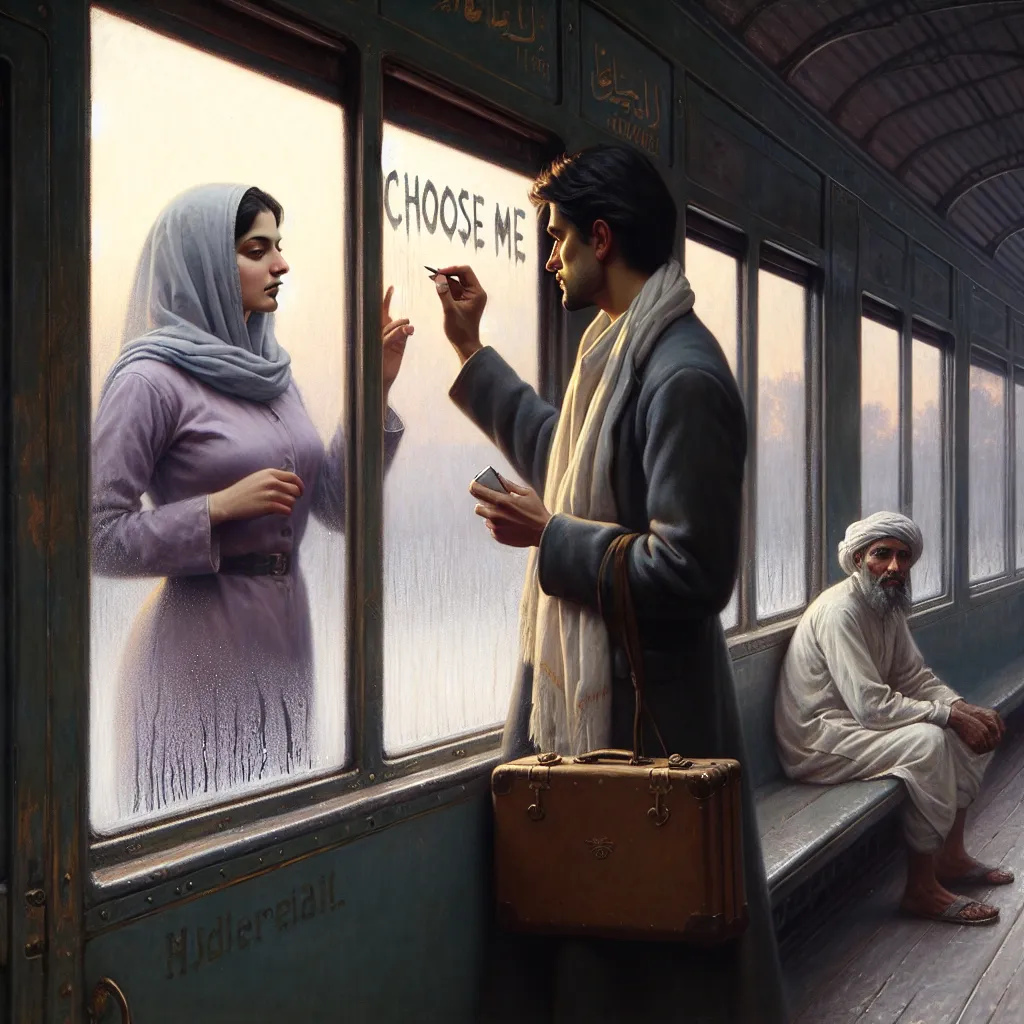 Prompt: a woman inside a train standing next to a train window uses her finger to write (text  which authentically reads ‘Choose Me) on the frosty window.  A man on the platform outside the window lovingly looks at what she has written, Edwin Georgi, figurative art, extremely detailed oil painting, a detailed painting