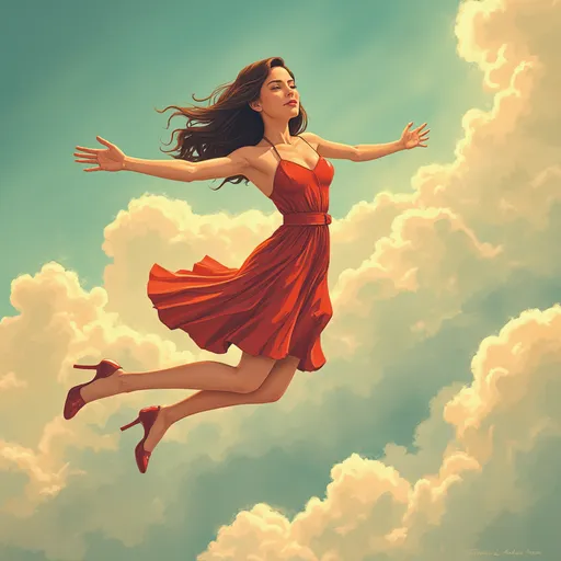 Prompt: (flattish edge papercraft style), muted color palette, (graphic novel illustration), (Will Eisner-inspired), vibrant clouds in the background, (dynamic pose), a beautiful 25 year-old woman skydiving in a cocktail dress, (graphic novel style), (vector style), m.c. escher influences in cloud design, layered texture, high-quality detailing, captivating storytelling essence, ultra-detailed.