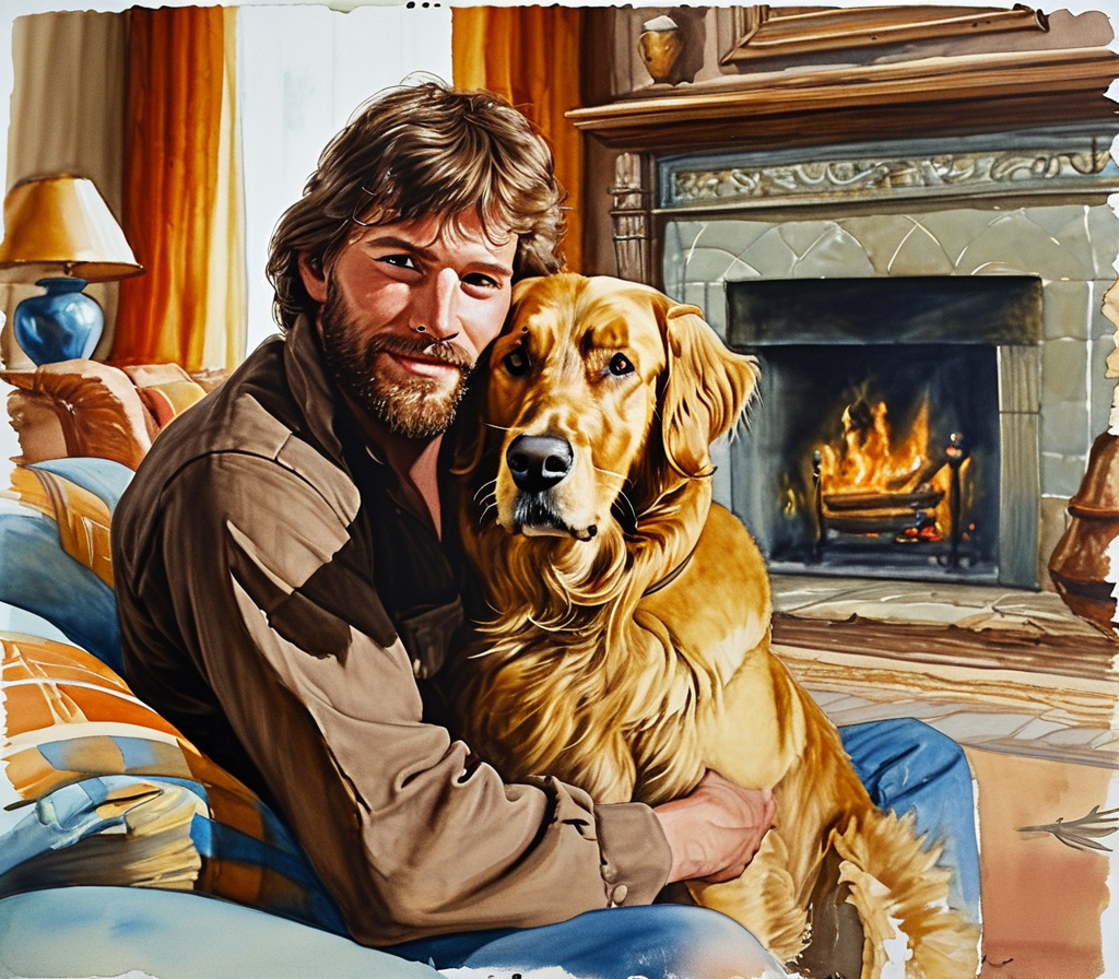 Prompt: a 21 year old man with mustache holding a large golden retriever which leans against him. in a living room with a fireplace and a couch in front of him, Dennis Ashbaugh, renaissance, 1 9 7 0 s, watercolor, gouache, ink, mixed media.