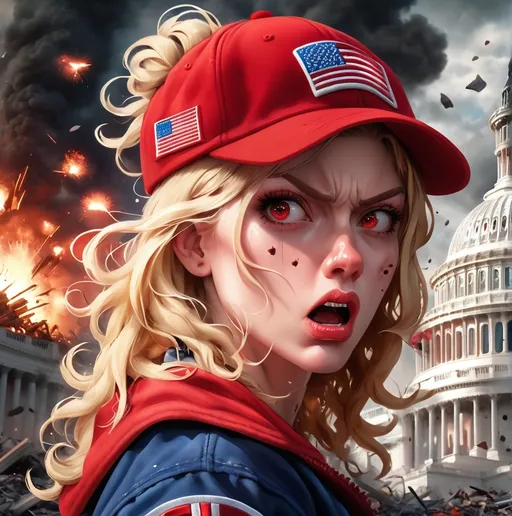 Prompt: closeup of (guilty bottle blonde woman bad hairstyle) in a striking red baseball hat with American flag patch, expressions of fear and concern, with debris and chaotic destruction of the US Capitol in the background, bright explosions casting intense shadows, atmospheric smoke swirling, evoking a grim and somber mood, high detail, cinematic composition, (4K ultra-detailed) image quality, dramatic contrasts of light and dark elements.