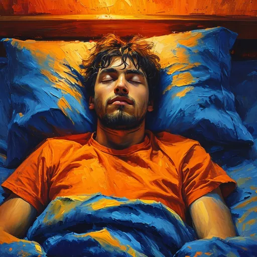 Prompt: The words above the sleeping man (Fear Is   THE      Mind    Killer). Vibrant expressionist painting of a sleeping man in a college dorm room, dark orange and blue color palette, dynamic lighting with dramatic light and shadow, high-quality, expressive, dark orange, blue, vibrant, light and shadow, expressionism, college dorm room, sleeping man