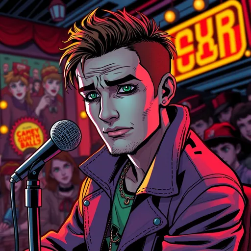 Prompt: (Sad weeping wistful green-eyed male comedian 
), (his makeup and mascara and eyeshadow messy) (sitting on a chair by a standing mic), (hip artstation trending futuristic outfit), nighttime comedy club scene , (western comic book art), (comic book panel), vibrant colors, dramatic shadows, seated audience setting setting, dynamic angles, high contrast, ultra-detailed, capturing a playful yet sad vibe.