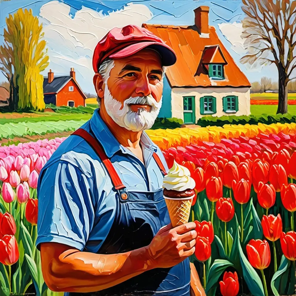 Prompt: thick impasto oil painting of man in English farm worker cap holding an ice cream cone, English brick cottage, field of tulips in background, thick bumpy paint strokes