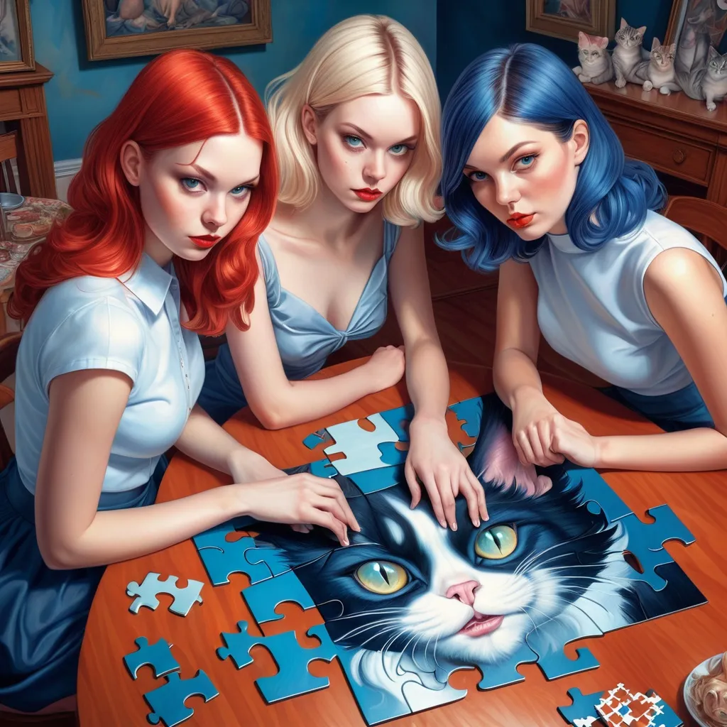 Prompt: Three women in short skirts at a table. Aerial view shows a nearly finished jigsaw puzzle of a surreal looking cat.  artgerm and James Jean, realistic sweet girl beautiful , Joyce Ballantyne style, realistic portrait beautiful fantasy portrait