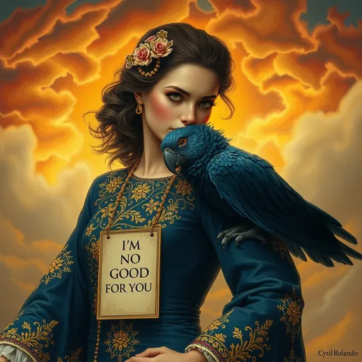 Prompt: a woman in a blue embroidered, gold ornamented dress holding WITH A highly detailed black parrot on her shoulder with a sign that says [I’m No Good For You]  on it, with a fiery sky behind her, Cyril Rolando, neo-romanticism, dark gothic fantasy art, a storybook illustration