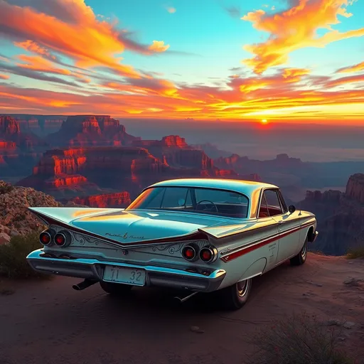 Prompt: (1961 Plymouth), beautiful classic car, large tail fins, sunset backdrop over Grand Canyon, delicate intricate motifs, organic tracery, perfect composition, vibrant sunset hues, digital painting, highly detailed, smooth textures, sharp focus, captivating atmosphere, (shiny aura), old yet robust charm, bright yet deep color tones, artstation showcase, concept art interpretation, lush canyon details, immersive ambiance, cinematic beauty.