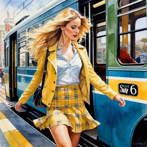 Prompt: Steve Hanks style full body watercolor portrait of a slender 30 year-old English woman holding onto a moving San Francisco streetcar with one arm, detailed facial features, long blonde hair, cropped yellow jacket, very short leggy yellow plaid skirt, skin color tights, dynamic action, exciting pose, hanging off the side of a San Francisco streetcar, romantic style, watercolor, gouache, acrylic, ink, vibrant colors, detailed eyes, best quality, highres, whimsical, Steve  Hanks style, vibrant hues, detailed, scenic lighting