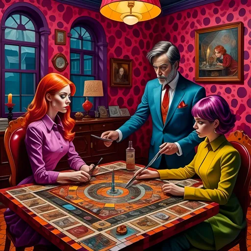 Prompt: <mymodel>(cartoony woman looks like Miss Scarlett with a knife in the drawing room, attacking Professor Plum (who holds a wrench and Colonel Mustard who holds a candlestick) surreal board game based on "Clue", vibrant color tones, dramatic lighting, intense and chaotic atmosphere, detailed character expressions,  intricate game board background, whimsical and trippy elements, high level of detail, 4K, ultra-detailed, 2D illustration, trending on artstation