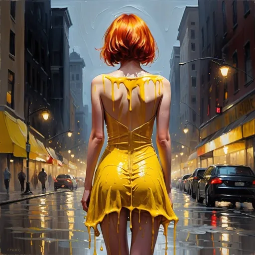 Prompt: Back to camera, no face seen, short haired redhead, dressed in yellow, dripping art style, dripped like a candle stopping at her waist, everything below her waist is a puddle of swirling color. torso, shoulders, dress, hair, best quality, masterpiece, detailed, flowing, vibrant, intense colors, drip, artistic, high-res, oil painting, bold strokes, impressionistic, dramatic lighting