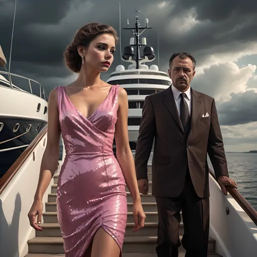 Prompt: A cabdriver,40s, helps  a sad, emotional, intense brown braid female debutante in very short, bright pink sequined cocktail dress walk the stairs up to her yacht in harbor,  full body shot, oil painting, desolate surroundings, HD detailed facial features, gritty realism, dark and somber tones, dramatic lighting, ultra-detailed, emotive, expressive faces, yacht in the background, reflective lighting, oil painting, desolate, gritty, dramatic lighting, somber tones, expressive faces