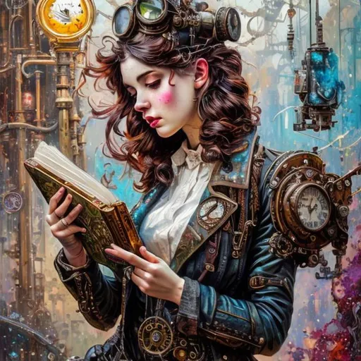 Prompt: Steam punk beautiful woman with book, hyper-detailed acrylic art action painting, bursts of color, contrasting colors, vibrant atmosphere, high quality, ultra-detailed, acrylic painting, vibrant color palette, impressionist style, detailed brushstrokes, art studio lighting, energetic and lively