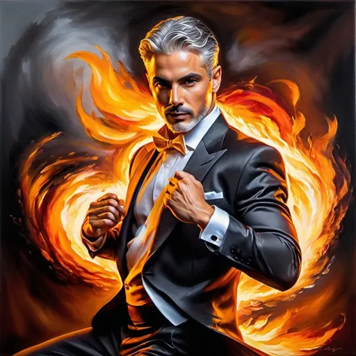 Prompt: Highly detailed solo male dancer gracefully moving through fiery flames, intense and fiery color tones, realistic oil painting, professional, intricate dance movements, atmospheric lighting, highres, detailed, realistic, oil painting, tango, gray hair, fiery flames, intense color tones, intricate movement, professional, atmospheric lighting