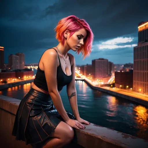 Prompt: Pink hair with orange highlights Woman, 30s, on suicidal ledge of a building, tearful emotions, high quality, dark and gritty, realistic style, moody lighting, high contrast, building ledge, water setting, detailed facial expression, dramatic pose, distressed skirt, city lights casting a somber glow, intense emotions, realistic, urban ledge, detailed facial expression, highres, moody lighting, dramatic pose
