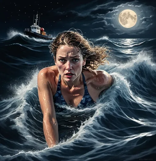 Prompt: (Woman swimming the English Channel at night), illuminated by the full moon, ocean churning with powerful waves, small tugboat to one side, dark blue color tones, high contrast light and shadows, dramatic lighting, turbulent and adventurous atmosphere, moonlight reflecting on water, starry sky, wet and glistening skin of the swimmer, determined facial expression, photorealistic, ultra-detailed, HD, cinematic masterpiece, 4K quality.