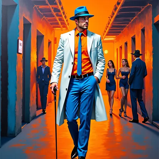 Prompt: "Full length full body thick impasto oil painting art by Robert Maguire, invent a tight blue and orange pimp suit, long white coat, pimp hat, cane or walking stick, short blonde
 hair and beard Caucasian male protagonist, vibrant [N O I R] character with noir bar neon alleyway wanton women in distant background"