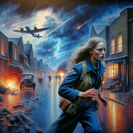 Prompt:  third person gameplay, (pretty long haired British RAF female captain), blond hair, pale skin, hazel eyes, (running motion), bombed neighborhood buildings with brick rubble smashed windows, rainy streets of 1940s London at night, sky in distant background shows distant explosions, fighter planes, and fire (bright colors), (blue atmosphere), impressionistic style, (vivid details), intricate painting, (dynamic action), dramatic lighting, ultra-detailed, engaging composition, emotionally evocative scene.