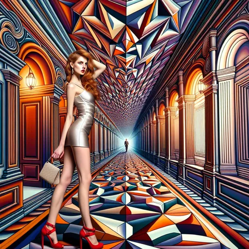 Prompt: M.C. Escher-inspired design, (beautiful Scottish woman), full body pose, (pale redhead), looking over her shoulder, wearing an extremely short thigh-high minidress, stylishly accessorized with a purse and necklace, (Milo Manara style), intricate geometric hallway background, vibrant colors, captivating atmosphere, ultra-detailed, high definition.