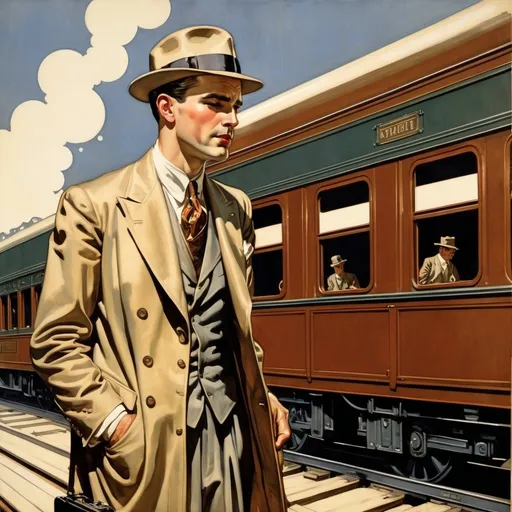 Prompt: Sad man weeping, man with briefcase standing on train platform, Leyendecker illustration, Jazz age, vintage, emotional, detailed tears, classic art style, 1920s fashion, high quality, vintage illustration, emotional, classical, dramatic lighting