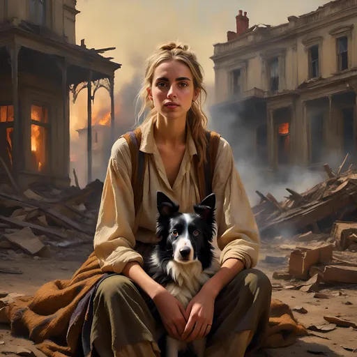 Prompt: <mymodel>Apocalyptic scene of a  survivor in Victorian clothing, and his dog, London landmarks destroyed, smoke and fire, detailed facial features, oil painting, desolate atmosphere, high quality, realistic, Victorian, post-apocalyptic, detailed clothing, smoky ambiance, destroyed landmarks, dramatic lighting, atmospheric, intense emotions, dynamic composition