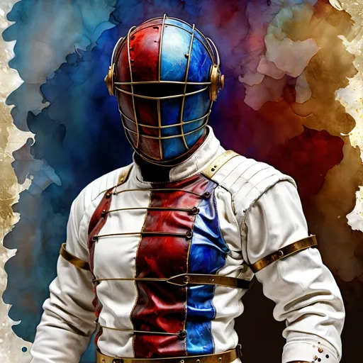 Prompt: Alcohol ink, mixed media, textures, scraps, Red, Blue, Gold digital art, masterpiece A rugged fencing-scarred fencing man (full body) in fencing gear,  plus épée,  seen mid-waist in partial profile with wide-set intense eyes, medium length glowing short brown hair  translucent hair that fades into white and platinum, white pale Scottish complexion blemished skin with patches of red, blue, and gold stained glass lining her skin, three quarter profile, looking away from camera, Alcohol ink, mixed media, watercolor, gouache, acrylics, colored antique inks, random textures, scraps, Red, Blue, Gold, digital art, masterpiece