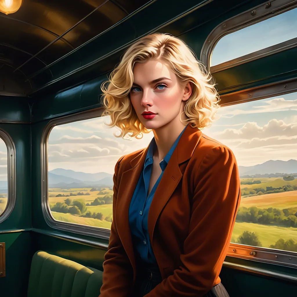 Prompt: Professional illustration,  pretty boy suspicious blonde woman, 30s, standing atop moving train, brush stroke, academic americana, highly detailed eyes, meticulous linework, (chiaroscuro), light and shadow, masterpiece 8k HDR, gaze out window, light, mood, detailed eyes, moving train, intense, dramatic lighting, realistic, traditional art style, chiaroscuro, blonde woman, dangerous man, highres, detailed linework, professional, academic, intense gaze