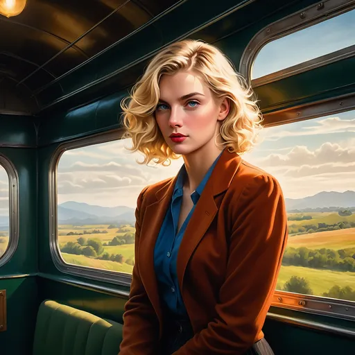 Prompt: Professional illustration,  pretty boy suspicious blonde woman, 30s, standing atop moving train, brush stroke, academic americana, highly detailed eyes, meticulous linework, (chiaroscuro), light and shadow, masterpiece 8k HDR, gaze out window, light, mood, detailed eyes, moving train, intense, dramatic lighting, realistic, traditional art style, chiaroscuro, blonde woman, dangerous man, highres, detailed linework, professional, academic, intense gaze