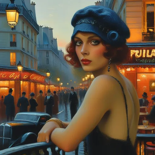 Prompt: (surrealism style portrait), vibrant color scheme, enchanting (1922 Paris) scene, shadowy streets at night, alluring jazz club glowing in the distance, elegantly dressed people in the background, fluttering French flag, sleek vintage car parked nearby, captivating portrait of a woman and man on a balcony, highly detailed facial features, relaxing outside a charming café, moody atmosphere filled with jazz music. 4K, ultra-detailed.