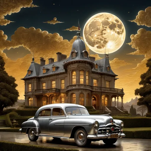 Prompt: a silver highly engraved and ornamented English saloon car from the 1950s parked in front of a magnificent mansion with a metallic moon and sky background and golden clouds in the background with a full moon, Andrew Ferez, fantasy art, dieselpunk, a detailed matte painting