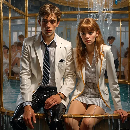 Prompt: <mymodel>medium close up of a young man in white suit and  pretty 21 year old brown bangs hair Woman (very short striped satin miniskirt, cropped top and high heels) UHD facial features, detailed eyes, hair, perfect legs, alluring clothes, (both with very wet hair) trapped in a (wet water-splashed life-size glass cubicle), dark room with (black empty walls), emphasizing isolation and vulnerability, figurative art, inspired by F. Scott Hess, reflecting deep emotions, (naturally textured realistic skin), (soaking wet clothing), stylistically aligned with Milo Manara, dramatic lighting to cast intriguing shadows, high detail, evocative atmosphere. Cinematic lighting.