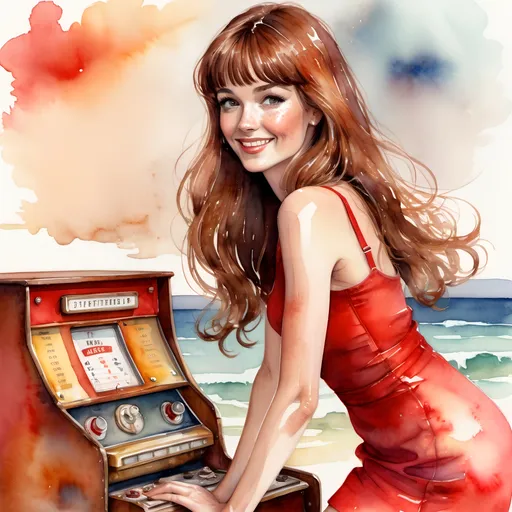 Prompt: undefined Dreamy watercolor illustration. Close-up portrait. A 35 year old happy freckled brown-bangs  tangled hair perfect legs woman in a red tight fit-and-flare minidress with very slender waist stands works fixing an old waist height gigantic 1960s Traditional Juke Box. Macro shot. Whimsical beachcomber style. Soft brushstrokes brown bangs messy hair. Warm light dancing on juke box. Background with shelves full of old Bakelite radios. Golden hues on shelves. Soft, warm golden light. Best quality, highly detailed, vibrant, ethereal, serene, coastal, beachy, whimsical, dreamy, watercolor texture, impressionist.