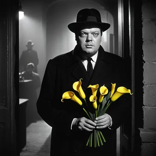 Prompt: dim, night film noir photography, full length orson welles holding colorful yellow calla lillies, in dark doorway, just face visible, the third man film directed by carol reed, city background, black coat and hat, shadows