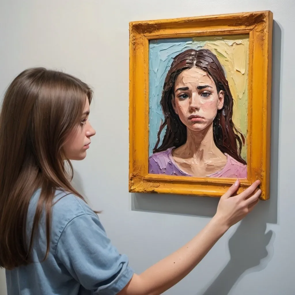 Prompt: thick impasto oil painting of sad woman looking at a framed photo of a happy tween girl, thick bumpy paint strokes