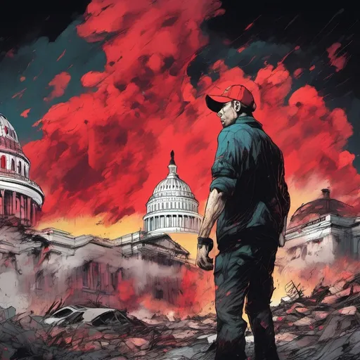 Prompt: closeup of (guilty man) in a striking red baseball hat, expressions of fear and concern, with debris and chaotic destruction of the US Capitol in the background, bright explosions casting intense shadows, atmospheric smoke swirling, evoking a grim and somber mood, high detail, cinematic composition, (4K ultra-detailed) image quality, dramatic contrasts of light and dark elements.