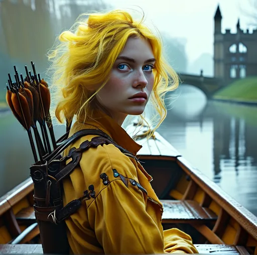 Prompt: Surreal pastel portrait, (ethereal atmosphere), Caucasian yellow-gold messy hair blue eyed woman in a punt boat on the Cambridge university river. She has a leather quiver with several tall arrows strapped to her back. . England post-apocalyptic battleground, soft pastel colors, misty and surreal lighting, slightly glowing hues, sense of urgency and determination, ruins and broken structures in the background, high detail and ultra-detailed, 4K realism, cinematic depth, high contrast between characters and background, floating particulate matter, dramatic composition.