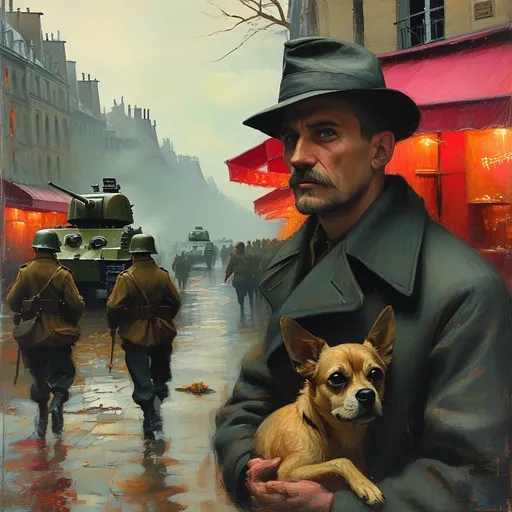 Prompt: (surrealism style portrait ), vibrant color scheme, (1941  Paris), shadowy streets at night with German tank in distance , soldiers in background, tattered French flag, Bombed broken car,portrait of a sad man holding dog (highly detailed facial features) outside a cafe, search lights streaking through a tumultuous sky, vivid explosions lighting the dark atmosphere, bombed and ruined structures surrounding the scene, (dramatic), chaotic ambiance, high contrast between shadow and colorful explosions, (ultra-detailed), evocative imagery, sense of urgency and dread.