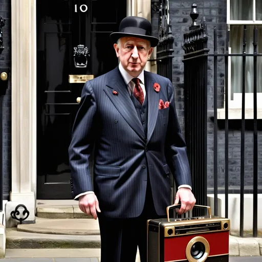 Prompt: A 1940s British prime minister in black pinstriped suit and bowler , carries a 1980s boom box,  painting, standing outside #10 Downing Street with UHD facial features, grave expression, heavily detailed attire, historical 1940s style, dramatic lighting, deep red-gold tones, high quality, detailed, historical, commanding  pose, Downing Street London, confident facial expression, alluring bearing, strong colors 