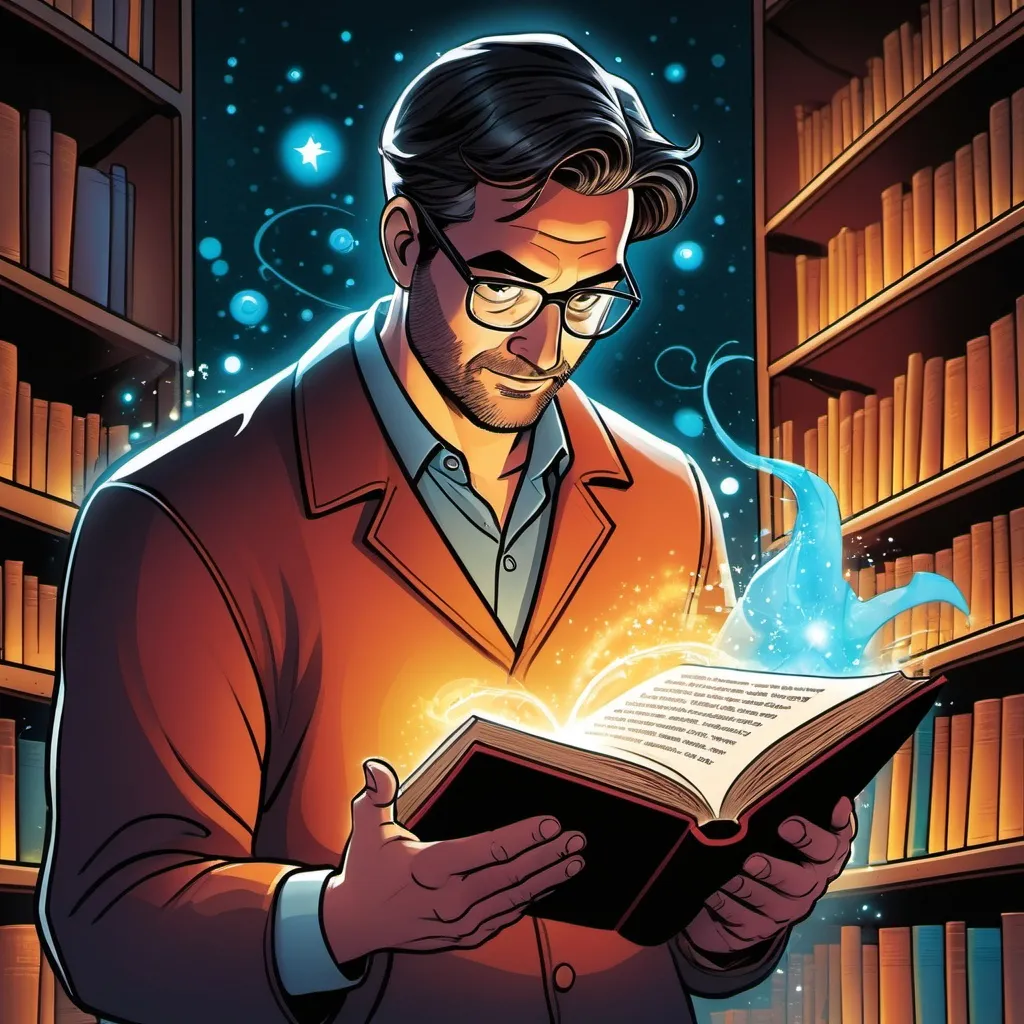 Prompt: Create a comic splash page showing a man looking at a magical glowing book at an international rare book fair.