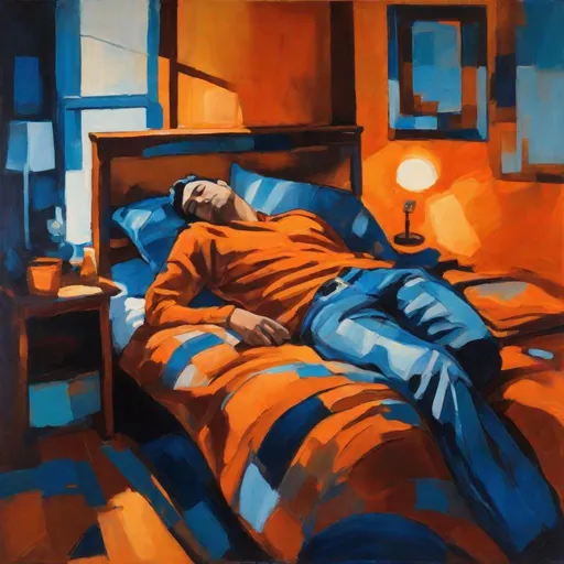 Prompt: Vibrant expressionist painting of a sleeping man in a college dorm room, dark orange and blue color palette, dynamic lighting with dramatic light and shadow, high-quality, expressive, dark orange, blue, vibrant, light and shadow, expressionism, college dorm room, sleeping man