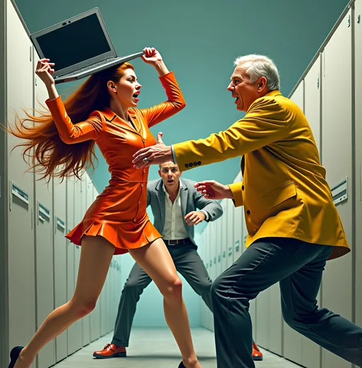 Prompt: (Surrealism style), FIGHT SCENE ATTACK dark color scheme, intense dynamic scene trapped inside a quartet of white office cubicles, windows show distant skyscraper, (an angry young woman in orange
leather miniskirt hoists a laptop over her head) and a (determined older man in yellow rain coat fights with a coatrack), ( frightened pretty wavy red ponytail hair woman in a very short slim flared floral miniskirt suit throws a vase, her body pressed against a cubicle wall, a secretary in white minidress runs away.  dramatic tension, moody ambiance, high contrast shadows, textured brush strokes, detailed expressions of anger and determination, a suffocating cubicle atmosphere, ultra-detailed, HD. Surrealism style image, colored inks, gouache, triadic color yellow, green, orange. 