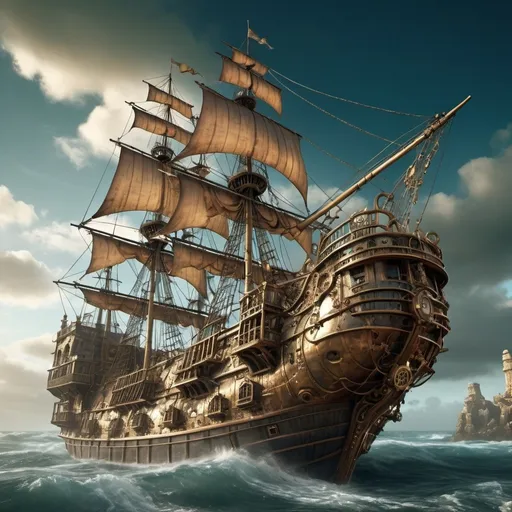 Prompt: Elaborate steampunk 17th century Galleon in surreal windstorm, surreal reefs, ancient ruins, brass-plated hull, digital art, highres, ultra-detailed, steampunk, surreal, 17th century, windstorm, elaborate design, ancient ruins, brass-plated, surreal reefs, detailed sails, professional, atmospheric lighting