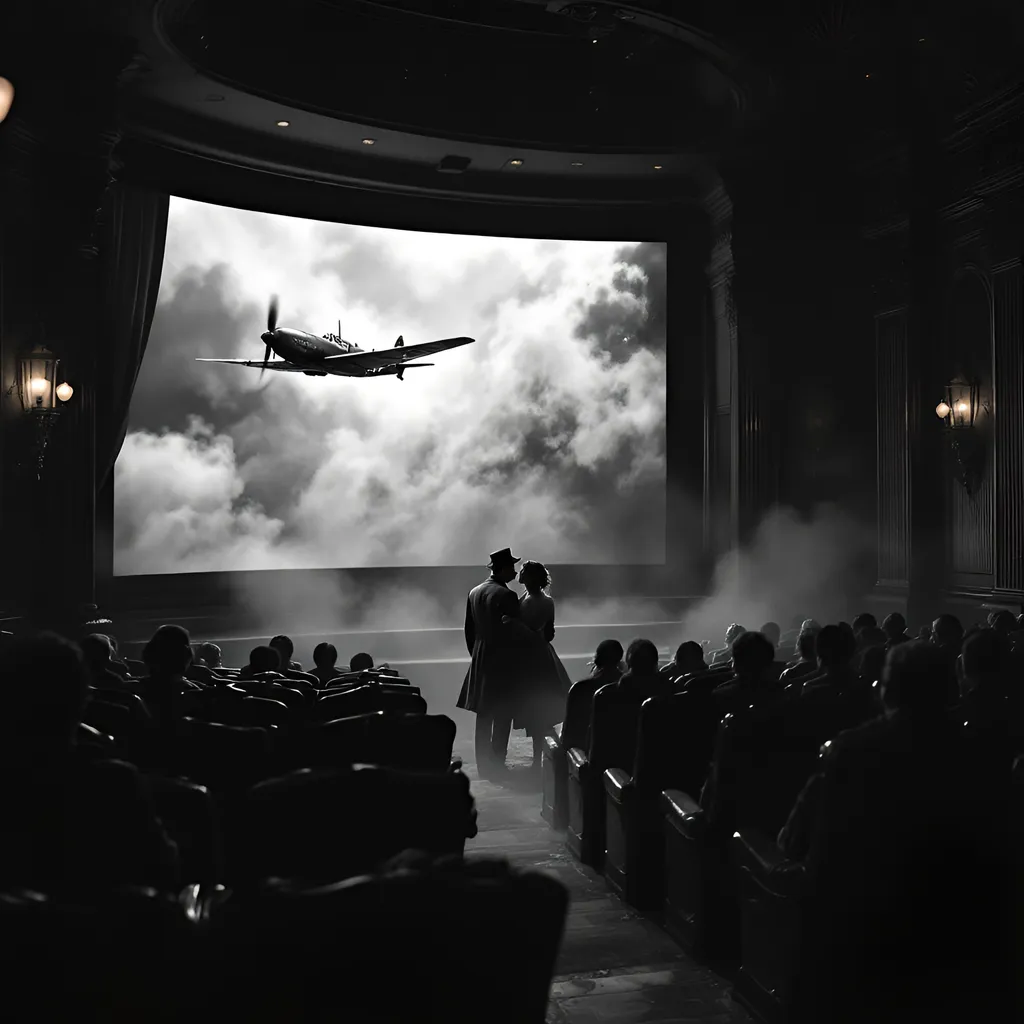 Prompt: "Gothic surrealism. Art-deco cinema hall filled with mismatched antique seats, all different, occupied by a Victorian bourgeois audience. Framed by thick  red curtains that fray into shreds, the screen shows a black and white scene from the film Casablanca, misty fog, a world war 2  British Spitfire plane, a kissing couple in trench coat and fedora, romantic core   A light red haze creeps into the room from the screen, like diaphanous tentacles of mist. In the dark corners, art deco statues evoke an eerie presence and baroque distorting mirrors with polished obsidian surface are strategically positioned to create disorienting reflections. The atmosphere is heavy with foreboding, evoking the eerie, hypnotic quality of the works of Luis Royo and Zdzisław Beksiński. Low-angle shot. Moody lighting with deep shadows. Best quality. Immersive atmosphere. Cinematic experience. Intricate details in the Zentangle style. Deep color, fantastical, intricate detail, splash screen, complementary colors, fantasy concept art, 8k resolution trending on Artstation Unreal Engine 5 Professional photography, bokeh. 