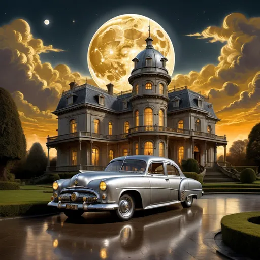 Prompt: a silver highly engraved and ornamented English saloon car from the 1950s parked in front of a magnificent mansion with a metallic moon and sky background and golden clouds in the background with a full moon, Andrew Ferez, fantasy art, dieselpunk, a detailed matte painting