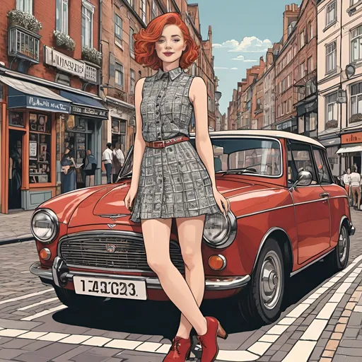 Prompt: (vector style), (graphic novel style), (full body of a 30-year-old woman in Carnaby Street miniskirt, standing next to a vintage British convertible, confident smile, short straight pale Scottish red hair, intricate patterns inspired by Hundertwasser and M.C. Escher. interesting contours, surreal geometric image of a pretty girl with her sports car.