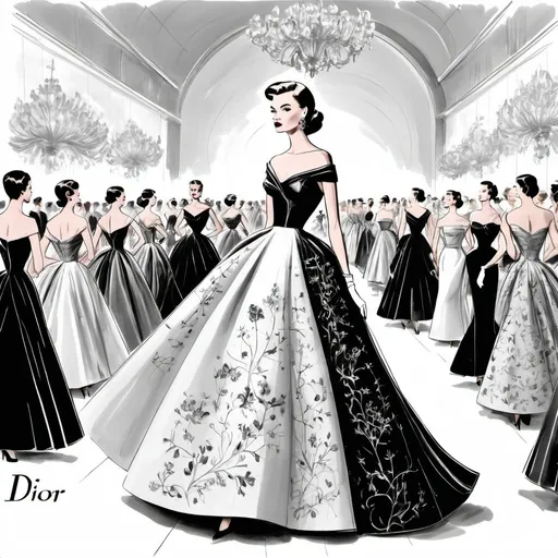 Prompt: Vibrant 1956 Dior fashion show with elegant models, glamorous audience, flowy colorful gowns, detailed embroidery, vintage, high fashion, 1950s glamour, lively atmosphere, exquisite design, luxurious materials, highres, vintage couture, detailed patterns, glamorous, audience in awe, runway spectacle, classic elegance, soft lighting