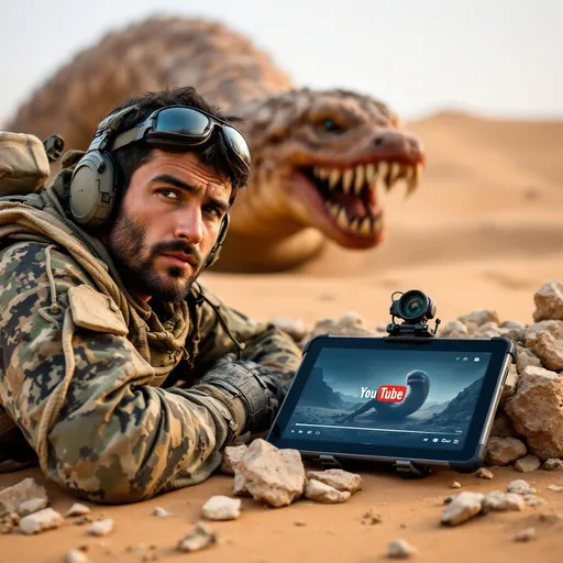Prompt: "Portrait, closeup, side view, a rugged desert camouflaged sniper lying on his stomach, he is partially hidden by a broken pile of rocks, beside him is an iPad showing a youtube video, the iPad  is placed on a little iPad stand. beyond the sniper you can see a (giant ferocious sand worm from Dune the movie) creative, captivating, fantasy style"