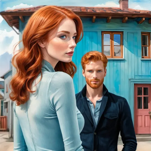 Prompt: Colored pencils, mixed media, gouache, watercolor, ink. Pastel tones. A man and a woman. Full body shot. Man is tall, 45. Woman is  beautiful ginger haired with freckles. wavy hair, raw photo. Look at each other with love. Aged rundown movie house in background.  Slender small-waist long legs, two bright blue eyes, three quarter profile, embracing man near people in movie line.  She wears very tight jeans with turtleneck,  natural textured skin, high-quality, detailed, realistic, , atmospheric lighting, movie patrons in background, leggy