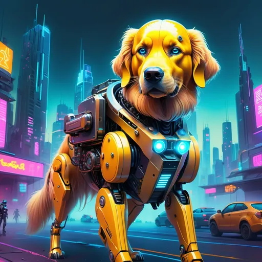 Prompt: (futuristic-cybernetic style), colorful robot golden retriever, detailed helmet, gun in hand, front view, (vibrant color scheme), dynamic cityscape background, neon lights, sleek mecha design, (highly detailed airbrush painting), striking shock art, inspired by Beeple, electric atmosphere, ultra-detailed, eye-catching composition.