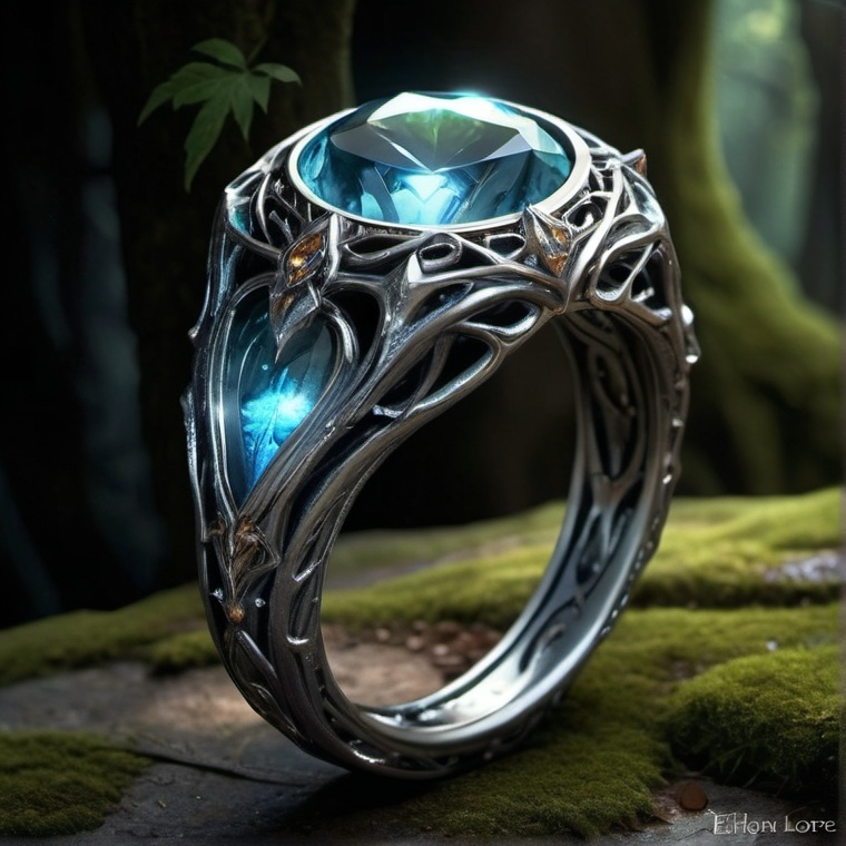 Prompt:  (elven ring), (platinum), (intricate design), glowing topaz stone, dark colors, fantasy style, nestled in a mystical forest ruin, ethereal ambiance, rich textures, enchanting details, hints of bioluminescence in surroundings, shadowed foliage, (ultra-detailed), high contrast lighting, mood of ancient magic and forgotten lore.